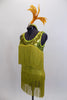Avocado Green fringe flapper style dress has sequined bodice & matching headband with large ostrich feather. The outfit comes with matching fringed go-go boots. Side
