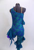 Custom acro unitard of teal lace on an electric blue base has one leg & one shoulder and ruffles across bodice. Right leg is sheer lace with soft ruffles. Comes with custom hair piece. Back