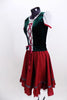 Two piece ballet or character costume has a dark green velvet stretch bodice with lace sleeves & a corset style front. Comes with fuchsia ribbon detailed skirt & floral hair wreath. Side