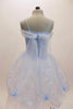 Pale blue dotted bodice has layers of white tulle, pale blue organza overlay with roses & a long  organza sash that extends down the back.  Comes with tiara. Back