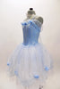 Pale blue dotted bodice has layers of white tulle, pale blue organza overlay with roses & a long  organza sash that extends down the back.  Comes with tiara. Side