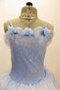 Pale blue dotted bodice has layers of white tulle, pale blue organza overlay with roses & a long  organza sash that extends down the back.  Comes with tiara. Front zoom