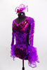 Bright purple lace & sequined, long sleeved leotard has open mid-back & layered organza back bustle with sequined edge. Comes with matching hair accessory. Side