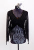 Deep V-front leotard has black bodice & a grey/silver streak bottom. Sheer long sleeves are shaped like bat wings.Has keyhole back, corset accent & matching black & silver hair accessory. Front