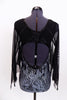 Deep V-front leotard has black bodice & a grey/silver streak bottom. Sheer long sleeves are shaped like bat wings.Has keyhole back, corset accent & matching black & silver hair accessory. Back