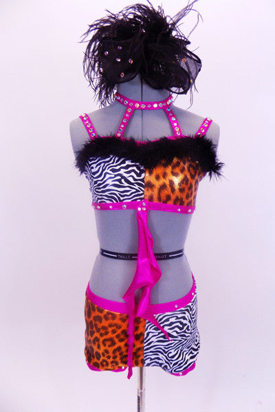 2-piece animal print costume has alternating zebra & leopard print with marabou. Pink crystal covered collar & waistband . Comes with feather hair accessory.  Front