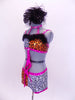 2-piece animal print costume has alternating zebra & leopard print with marabou. Pink crystal covered collar & waistband . Comes with feather hair accessory. Side