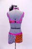 2-piece animal print costume has alternating zebra & leopard print with marabou. Pink crystal covered collar & waistband . Comes with feather hair accessory. Back