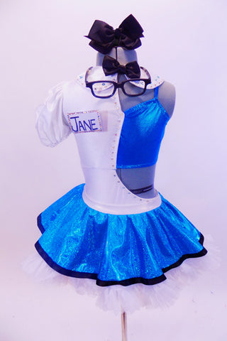 Leotard has one white high neck open side joined to a bright turquoise half-top.There is a skirt,  black glasses,  hair bow & crystal covered “Jane” name tag.  Front