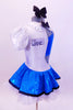 Leotard has one white high neck open side joined to a bright turquoise half-top.There is a skirt,  black glasses,  hair bow & crystal covered “Jane” name tag.  Side