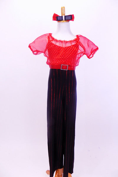 Pantsuit has red pinstripe black pants attached to red dotted organza blouse with red camisole underlay and a crystal buckle. Comes with hair accessory.  Front