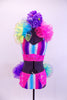 Neon 2-piece costume is striped pink, blue & purple with pink crystaled lace & large crystal brooch accent. Rainbow curly organza lines halter collar & back. Comes with floral hair accessory. Front