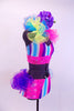 Neon 2-piece costume is striped pink, blue & purple with pink crystaled lace & large crystal brooch accent. Rainbow curly organza lines halter collar & back. Comes with floral hair accessory. Right side