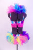 Neon 2-piece costume is striped pink, blue & purple with pink crystaled lace & large crystal brooch accent. Rainbow curly organza lines halter collar & back. Comes with floral hair accessory. Back