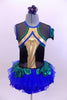 Tank leotard dress has blue, green & gold piping, black fringe from  bust to back & a blue tutu skirt with green scales accents. Has gauntlet and hair accessory. Front