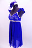 Royal Blue chiffon leotard dress has silver swirled accents and piping around bodice. It has ruffled chiffon cap sleeves, scoop back and matching hair accessory. Soft flowing nice for lyrical or ballet. Side