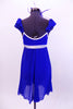 Royal Blue chiffon leotard dress has silver swirled accents and piping around bodice. It has ruffled chiffon cap sleeves, scoop back and matching hair accessory. Soft flowing nice for lyrical or ballet. Back