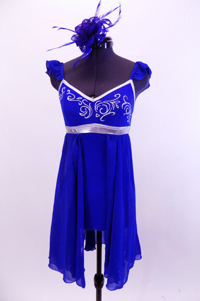 Royal Blue chiffon leotard dress has silver swirled accents and piping around bodice. It has ruffled chiffon cap sleeves, scoop back and matching hair accessory. Soft flowing nice for lyrical or ballet. Front