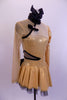 Gold long sleeved dress had one pouf & one sheer gold mesh sleeve & shoulder. Oriental style collar & piping. Has large black bow on back & black hair bow. Right Side