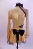 Gold long sleeved dress had one pouf & one sheer gold mesh sleeve & shoulder. Oriental style collar & piping. Has large black bow on back & black hair bow. Back