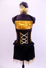 Halter style leotard dress has gold sequined bust area with ruffle. Bodice is corset style & black skirt has gold bead fringe. Comes with feather hair accessory. Front