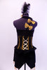 Halter style leotard dress has gold sequined bust area with ruffle. Bodice is corset style & black skirt has gold bead fringe. Comes with feather hair accessory. Back