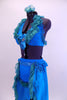 Turquoise halter bra with silk chiffon ruffle & large crystal broach. Brief has ruffles on lower front & silk skirt has chiffon ruflles & crystaled waistband. Side
