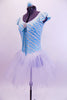 Knit stretch lace covers an aqua base on this two tone leotard tutu dress with ruffle cap sleeves. The front and back are scoop neck with a front crystal broach and ribbon accent. The attached tutu skirt is comprised of several  layers of white crystal tulle. Comes with matching hair accessory. Side