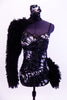 Leotard with silver mosaic butterfly pattern and black leather trim. Right arm, shoulder and left hip accent are black curly fur, Has matching hair accessory. Front