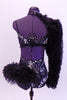 Leotard with silver mosaic butterfly pattern and black leather trim. Right arm, shoulder and left hip accent are black curly fur, Has matching hair accessory. Back