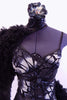 Leotard with silver mosaic butterfly pattern and black leather trim. Right arm, shoulder and left hip accent are black curly fur, Has matching hair accessory. Front zoomed