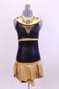 Black and gold leather-like leotard dress has custom painted Egyptian markings on skirt, bodice and large gold Egyptian pharaoh collar. Has an open lower back and cascade on back of skirt. Comes with gold hair accessory. Front