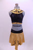 Black and gold leather-like leotard dress has custom painted Egyptian markings on skirt, bodice and large gold Egyptian pharaoh collar. Has an open lower back and cascade on back of skirt. Comes with gold hair accessory. Back