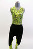 Neon green, open backed leotard with black splatter pattern has black hip-hop harem pants with matching green pattern on lower leg.  Comes with hair accessory. Front