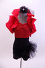 Black & red sequined short unitard has black dotted tulle hip bustle & removable red ruffled shrug. Comes with black mini top-hat accessory with dotted veil. Front