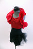 Black & red sequined short unitard has black dotted tulle hip bustle & removable red ruffled shrug. Comes with black mini top-hat accessory with dotted veil. Side