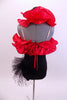 Black & red sequined short unitard has black dotted tulle hip bustle & removable red ruffled shrug. Comes with black mini top-hat accessory with dotted veil. Back