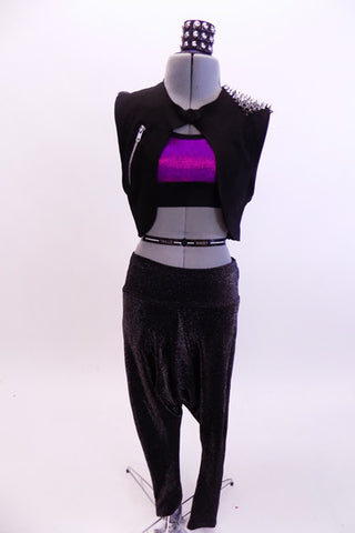 Black sparkle hip-hop harem pant has matching black vest. The shoulders of the vest have metal studs. Comes with iridescent purple half top and hair accessory. Front