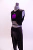 Black sparkle hip-hop harem pant has matching black vest. The shoulders of the vest have metal studs. Comes with iridescent purple half top and hair accessory. Side