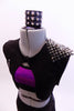 Black sparkle hip-hop harem pant has matching black vest. The shoulders of the vest have metal studs. Comes with iridescent purple half top and hair accessory. Front zoomed