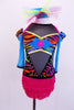 Tank style leotard has neon coloured zebra print over sheer black mesh. The hot pink fringe skirt adds a little spice. The back has hot pink cross straps that lace up corset style at mid-back. Comes with mesh gauntlets and a matching hair accessory Front
