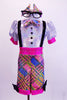 Brightly coloured iridescent tartan short unitard with crystal accented waistband has attached sequined suspenders, buttons and bow tie. Comes with large geek glasses, and bow hair accessories.   Front