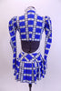 Three piece costume comes with white halter leotard with painted tie, blue-white-black tartan pleated skirt and pouf-sleeved blazer. Comes with white hair bow. Back