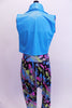 Aqua vest with jeweled accents sits over funky pink fringed yellow & pink bra top. Bright color-splashed harem pant finishes the upbeat look. Back