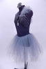Grey cross over leotard dress has crystals on the left bust & long tulle skirt. There is a large drop crystal accent at the front. Comes with hair accessory. Side