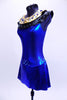 Electric blue halter leotard dress has attached Egyptian style gold and black, jewel/crystal covered collar . There are also jewels and Swarovski crystals at front and sides of waistline. Dress has an open back, attached box skirt and large gold sequined applique at lower back. Side