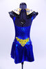 Electric blue halter leotard dress has attached Egyptian style gold and black, jewel/crystal covered collar . There are also jewels and Swarovski crystals at front and sides of waistline. Dress has an open back, attached box skirt and large gold sequined applique at lower back. Back