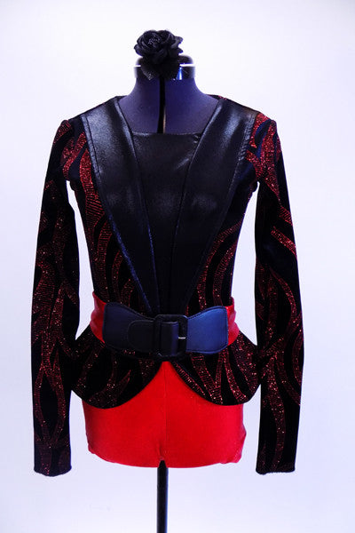 Red and black short unitard is brought to life by a formal blazer with red shimmering branch designs, shiny black lapels, peplum hip accent and a wide red belt with black buckle. Great for tap or musical theatre. Comes with matching black hair accessory. Front
