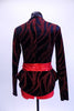 Red and black short unitard is brought to life by a formal blazer with red shimmering branch designs, shiny black lapels, peplum hip accent and a wide red belt with black buckle. Great for tap or musical theatre. Comes with matching black hair accessory. Back