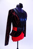 Red and black short unitard is brought to life by a formal blazer with red shimmering branch designs, shiny black lapels, peplum hip accent and a wide red belt with black buckle. Great for tap or musical theatre. Comes with matching black hair accessory. Side